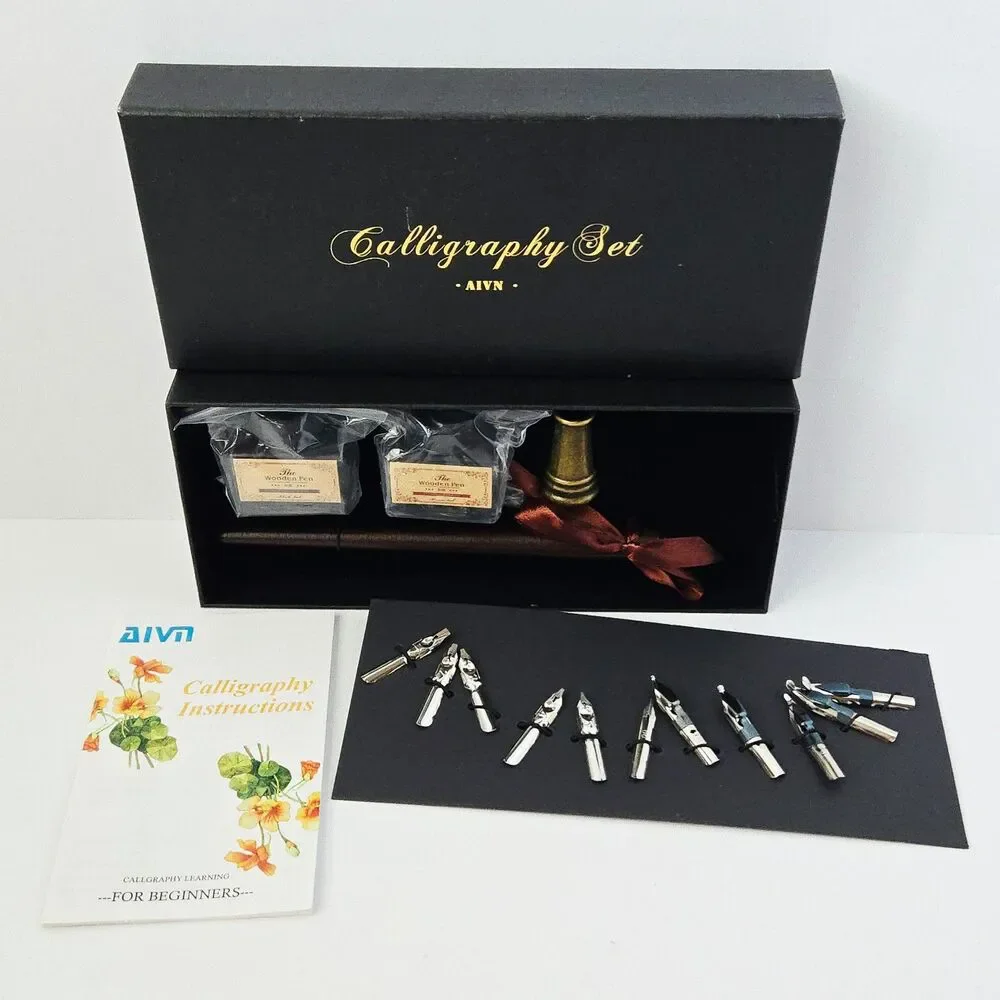 Beginner Calligraphy Set Starter Kit w/ Wooden Dip Pen 2 Ink Bottles Steel Nibs
